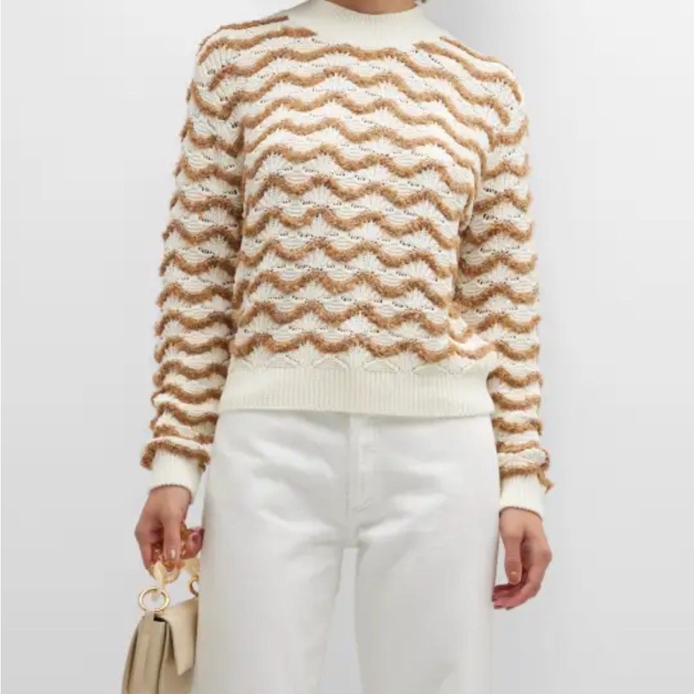 Rebecca Taylor Tan and Cream Chevron Crew Neck Sweater